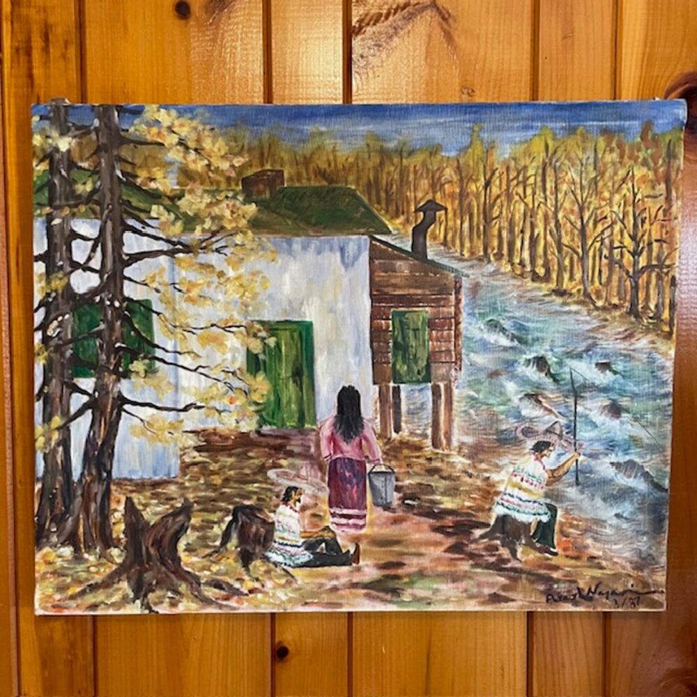Vintage Original Folk Art Painting River Scene Signed 1987 Canvas Cottagecore